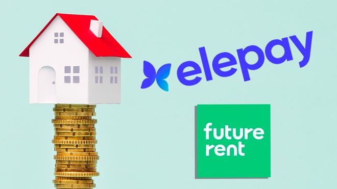 house on stack of coins with elepay and futurerent logos
